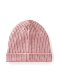 Różowa prążkowana dzianinowa czapka z podwiniętym mankietem. Miękka faktura i lekka konstrukcja, odpowiednia na zimną pogodę.
