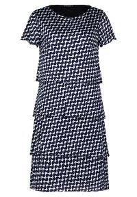 Lagenkleid mit einem navy und weißen Wellenmuster, kurzen Ärmeln und einem runden Ausschnitt, aus leichtem, fließendem Stoff gefertigt.