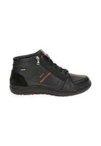 Chaussure montante en cuir noir avec fermeture éclair latérale, laçage sur le devant, semelle texturée et petit accent marron sur le panneau latéral.