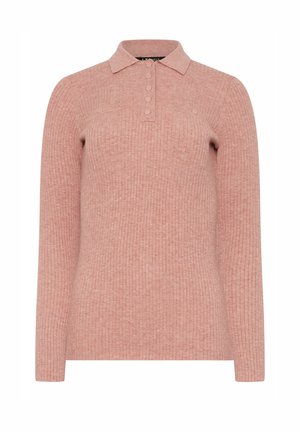 Ribbed long-sleeve polo shirt in soft pink. Features a collar and six button placket. Fabric appears textured and lightweight.