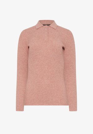 Polo a maniche lunghe a costine in rosa chiaro. Presenta un colletto e una chiusura con sei bottoni. Il tessuto appare texturizzato e leggero.