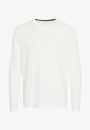 Balta kokvilnas krekla ar garām piedurknēm, apaļa dekoltē un melna akcenta detaļa ap kaklu. Gluda tekstūra, taisna apakšmala, bez rakstiem vai rotājumiem.