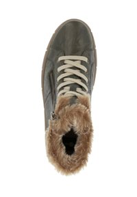 Baskets montantes en cuir gris avec col en fausse fourrure beige, lacets beige et détails de zip sur le côté. Bout arrondi et semelle texturée pour une meilleure adhérence.
