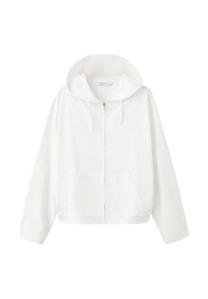 Weißer Kapuzenpullover mit Reißverschluss, Kordelzug an der Kapuze und Vordertaschen, flach vor weißem Hintergrund dargestellt.