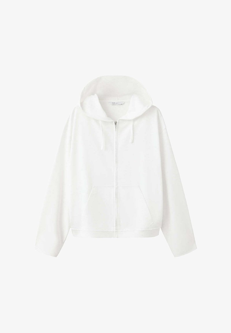 Sweat à capuche blanc zippé avec cordon de serrage et poches avant, présenté à plat sur un fond blanc.