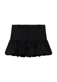 Fustă neagră cu talie ajustată și tiv volanat evazat. Fabricată dintr-un material ușor, cu o textură netedă și fără modele sau elemente de metal vizibile.