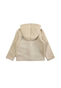 Veste polaire beige pour enfants avec manches longues et capuche attachée, vue de dos sur un fond blanc.