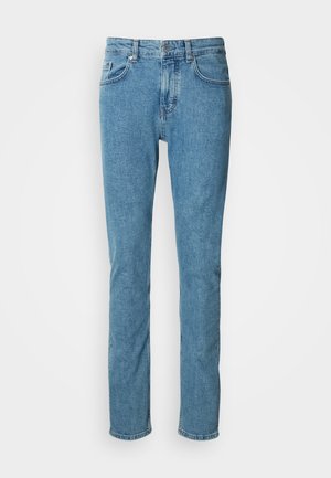 Light blue denim jeans with straight-leg design, sturdy waistband, and five-pocket styling. Soft texture with slight fading on the thighs.