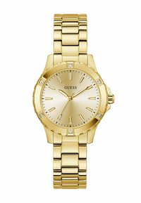 Gold-tone watch with a round case, metallic bracelet, textured dial, and crystal accents at 12, 3, 6, and 9 o'clock positions.