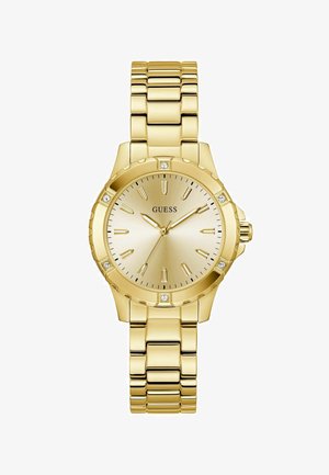 Relógio dourado com caixa redonda, pulseira metálica, mostrador texturizado e detalhes em cristal nas posições das 12, 3, 6 e 9 horas.