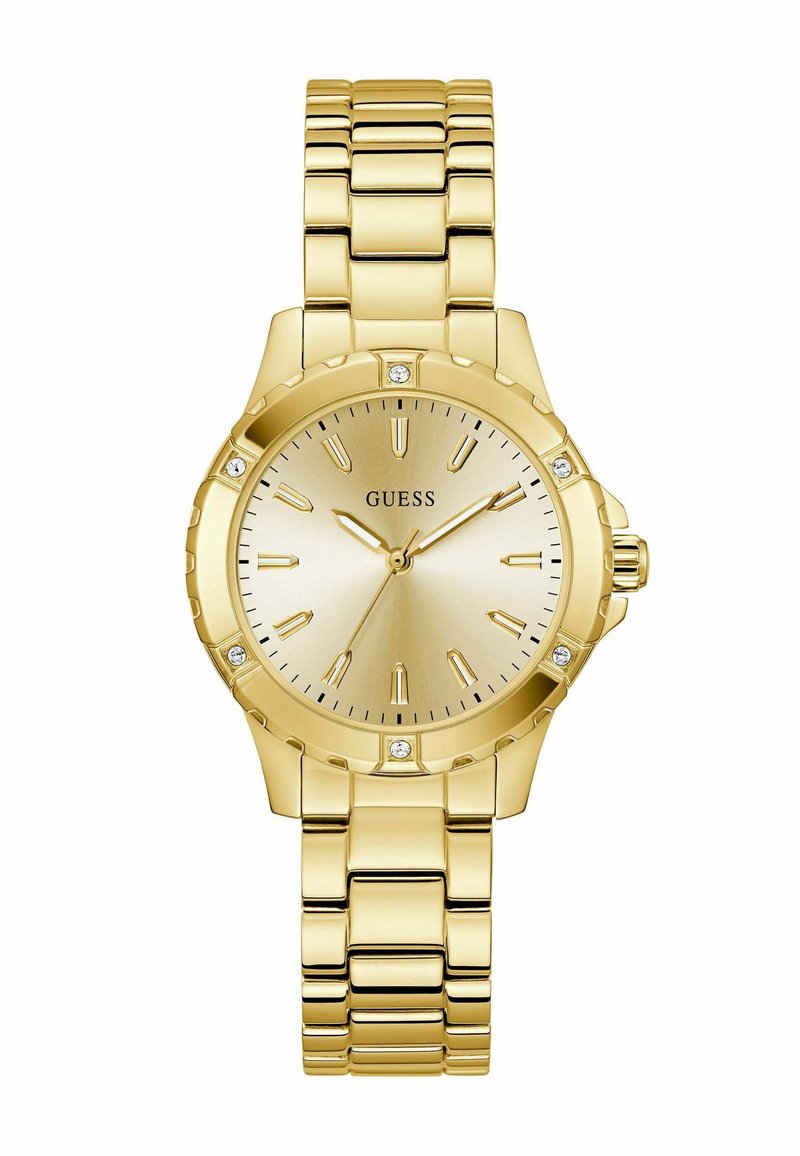 Gold-tone watch with a round case, metallic bracelet, textured dial, and crystal accents at 12, 3, 6, and 9 o'clock positions.
