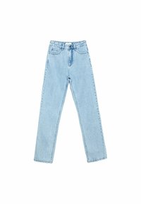Jeans droits taille haute bleu clair avec poches avant, passants de ceinture et fermeture à bouton, présentés à plat sur un fond blanc.