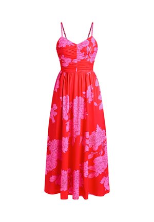 Robe longue en tissu rouge avec motifs floraux roses. Caractéristiques : bretelles spaghetti réglables et corsage ajusté avec détail froncé.