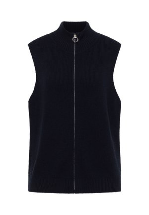 Marinefarbener ärmelloser Strickpullover mit hohem Kragen, ausgestattet mit einem Reißverschluss vorne und einer strukturierten Oberfläche. Schlichtes Design ohne Muster oder Verzierungen.