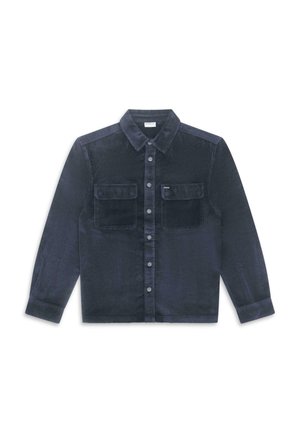 Camicia in corduroy blu navy con maniche lunghe, colletto a punta e due tasche sul petto. Presenta una chiusura frontale con bottoni e un tessuto texturizzato.