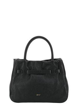 Schwarze Ledertasche mit abgerundeten Griffen, weicher, strukturierter Oberfläche, rechteckiger Form und kleinem goldfarbenem Markenlogo nahe der unteren Mitte.