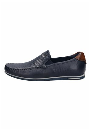 Navyblaue Slipper mit strukturiertem Obermaterial, glatten Lederakzenten und einer gesteppten Zehenpartie. Verfügt über eine Gummisohle mit einem dünnen weißen Streifen.