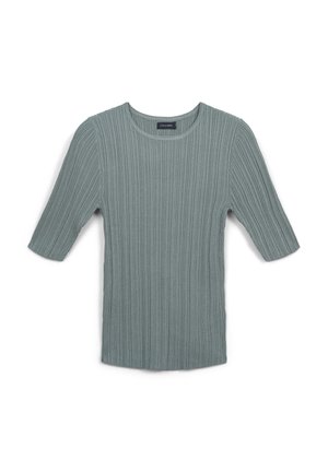 Top a maglia a coste verde chiaro con scollo rotondo e maniche a lunghezza gomito, caratterizzato da una texture liscia e un orlo dritto.