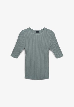 Top a maglia a coste verde chiaro con scollo rotondo e maniche a lunghezza gomito, caratterizzato da una texture liscia e un orlo dritto.