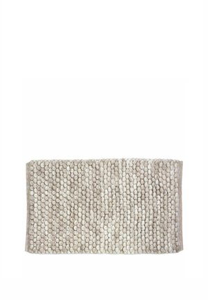 Rectangular gray textured bath mat with small, round, raised loops creating a pebble-like pattern on a white background.