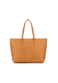 Bruine neplederen tote bag met twee lange handvatten, voorzien van een centrale lijn van decoratieve metalen studs, gestructureerd ontwerp en een gladde textuur.