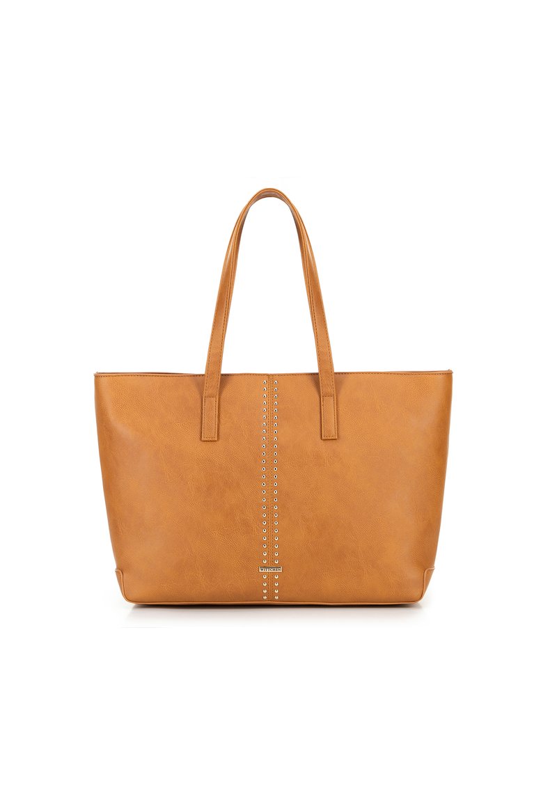 Bruine neplederen tote bag met twee lange handvatten, voorzien van een centrale lijn van decoratieve metalen studs, gestructureerd ontwerp en een gladde textuur.