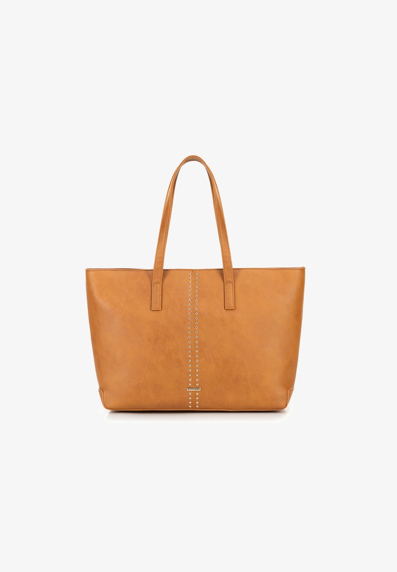 Sac fourre-tout en faux cuir marron avec deux longues poignées, featuring une ligne centrale de clous métalliques décoratifs, un design structuré et une texture lisse.