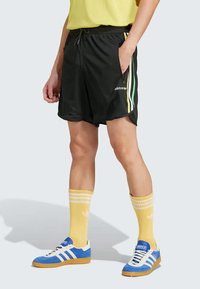 Črne kratke hlače z zelenimi in rumenimi stranskimi črtami, narejene iz mrežaste tkanine, z elastičnim pasom in žepi. V kombinaciji z modrimi supergami in rumenimi nogavicami.