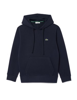 Navyblauwe hoodie van een katoenmix, met een kangoeroe-pocket, trekkoordkap en een groene Lacoste krokodil logo op de borst.