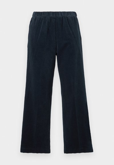 Marineblaue Cordhosen mit weitem Bein, elastischem Bund und vertikal gerippter Textur. Verfügt über Seitentaschen und einen geraden Saum.