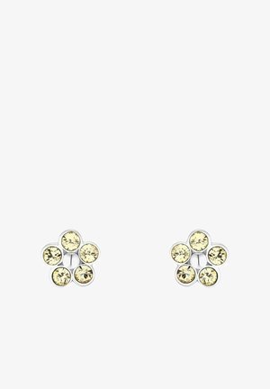 Orecchini a perno argento a forma di fiori con sei gemme giallo chiaro disposte come petali attorno a una perla centrale in argento.