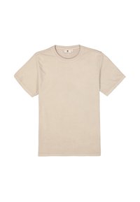Einfarbiges beiges T-Shirt, runder Ausschnitt, kurze Ärmel, weiches Baumwollmaterial, ohne Muster, minimalistisches Design, kleines Logo-Detail in der Nähe des Ausschnitts.
