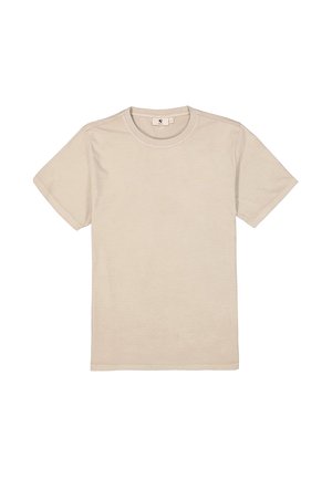 Plain beige t-shirt, round neck, short sleeves, soft cotton material, no patterns, minimal design, small logo detail near neckline.