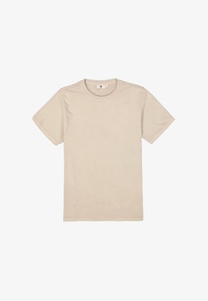 Einfarbiges beiges T-Shirt, runder Ausschnitt, kurze Ärmel, weiches Baumwollmaterial, ohne Muster, minimalistisches Design, kleines Logo-Detail in der Nähe des Ausschnitts.