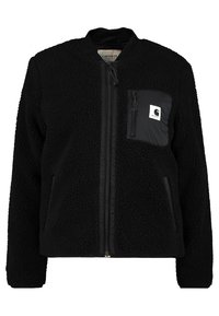 Zwarte fleecejack met een rits aan de voorkant, geribde kraag en een linkerkant borstzak van zwart nylon. Geweven stof met een zachte uitstraling.