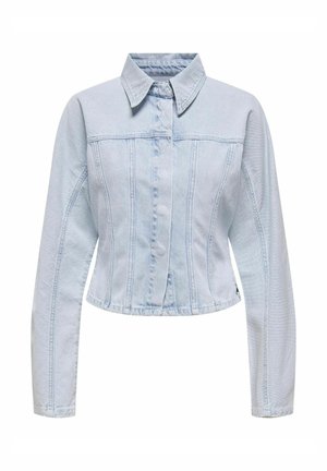 Hellblaue Jeansjacke mit kragenähnlichem Ausschnitt, langen Ärmeln, verkürztem Design und vertikalen Nahtdetails. Knopfverschluss vorne.