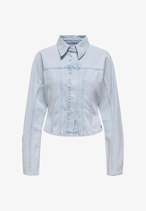 Hellblaue Jeansjacke mit kragenähnlichem Ausschnitt, langen Ärmeln, verkürztem Design und vertikalen Nahtdetails. Knopfverschluss vorne.