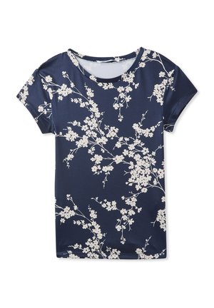 T-shirt a maniche corte blu navy in tessuto morbido, con una stampa floreale bianca di rami e fiori. Collo tondo, vestibilità standard.