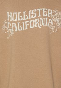 Beige sweatshirt med vitt tryckt text "HOLLISTER CALIFORNIA" och grafiska inslag av blommor och svampar. Mjukt bomullsmaterial.