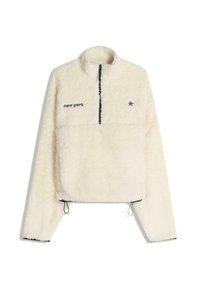 Krémový flísový sveter s polovičným zipsom, vyšívaným nápisom "new york", námorníckymi akcentmi a nastaviteľnou šnúrkou na leme.