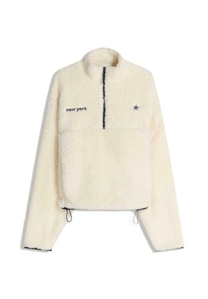 Crème fleece pullover met een halve rits-kraag, geborduurd "new york," marineblauwe accenten en een verstelbare trekkoord aan de onderkant.