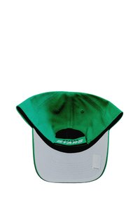 Gorra de béisbol verde con visera plana, parte inferior gris y detalles en negro. Presenta el texto bordado "DALLAS STARS" en la parte de atrás.