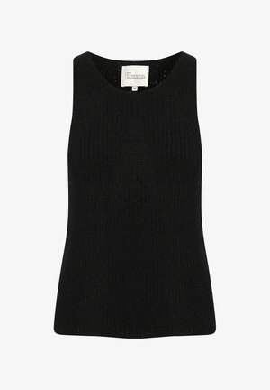 Juodas megztas liemenukas su apvaliu kaklu ir prigludusia forma. Medžiaga turi tekstūruotą raštą ir šiek tiek elastinga. Dydžio etiketė matoma viduje.