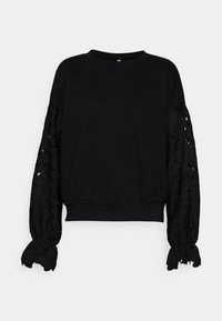 Felpa nera con colletto rotondo, silhouette aderente e maniche oversize con motivo in pizzo e polsini scallopati. Texture liscia complessiva.