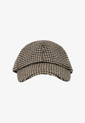 Wollkappe mit Hahnentrittmuster, abgerundeter Krone und gebogenem Schirm in Beige-, Schwarz- und Weißtönen.