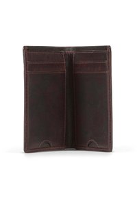 Dark brown leather wallet with a smooth texture, featuring multiple card slots and a minimalist design, open view showing interior details.