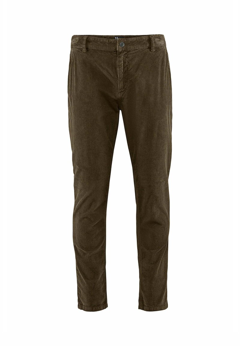 Donkergroene corduroy broek met een rechte pasvorm, gestructureerde stof, steekzakken en een knoopsluiting bij de taille.