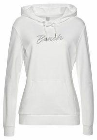 Sudadera blanca con capucha y mangas largas, bolsillo frontal y logotipo "Bench" bordado en plata en el pecho. Material de algodón suave.