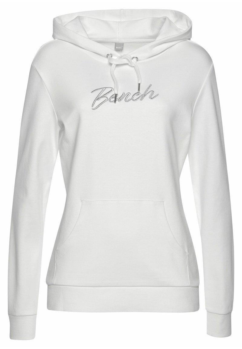 Sudadera blanca con capucha y mangas largas, bolsillo frontal y logotipo "Bench" bordado en plata en el pecho. Material de algodón suave.