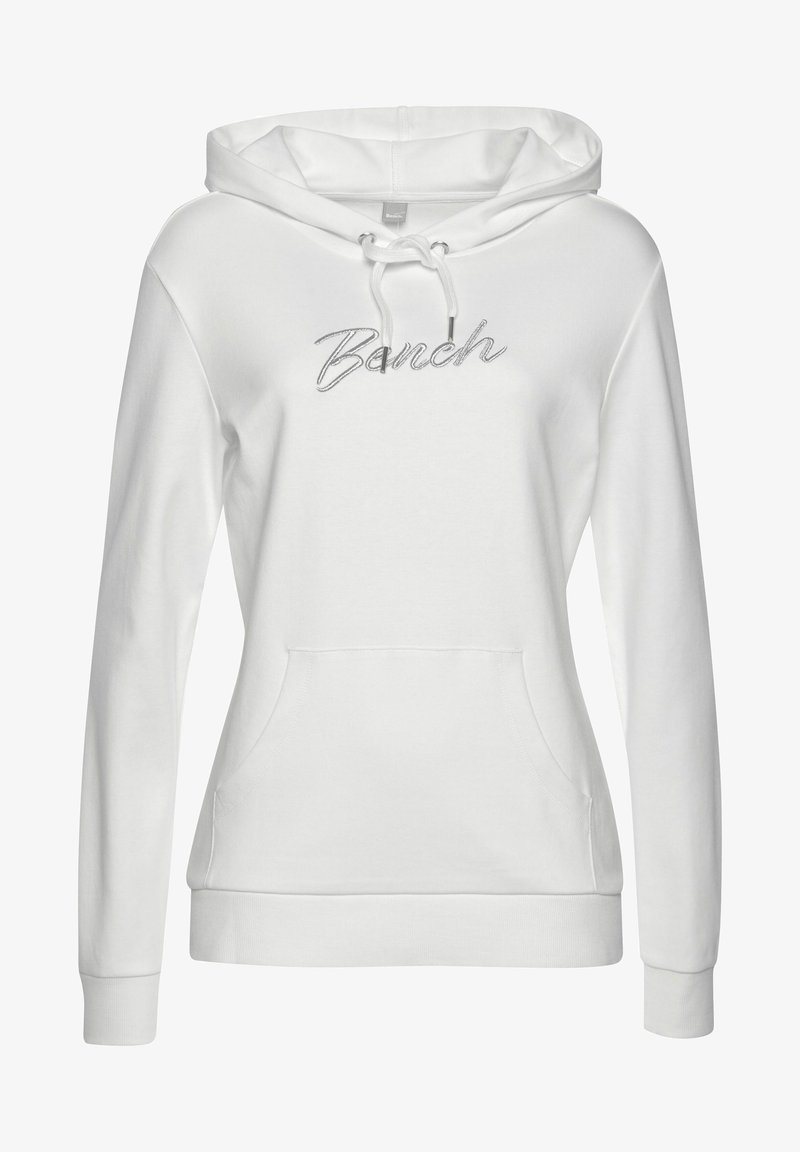 Sudadera blanca con capucha y mangas largas, bolsillo frontal y logotipo "Bench" bordado en plata en el pecho. Material de algodón suave.